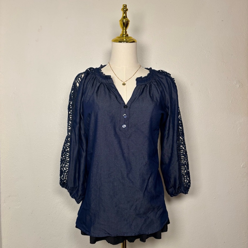 unique spectrum navy blue long sleeve‎ blouse vneck ruffle cottagecore boho chic